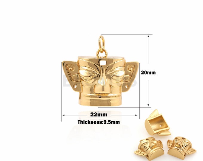1PCS Mask Pendant Gold Filled Mask Pendant Necklace Pendant Jewelry Ethnic Pendant Handmade Pendant 18K Mask Charm 20x22x9.5mm