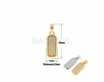May include: Gold pendant with a rectangular shape and a pave setting of clear cubic zirconia stones. The pendant measures 22mm in length and 7mm in width. The pendant is 1.5mm thick.