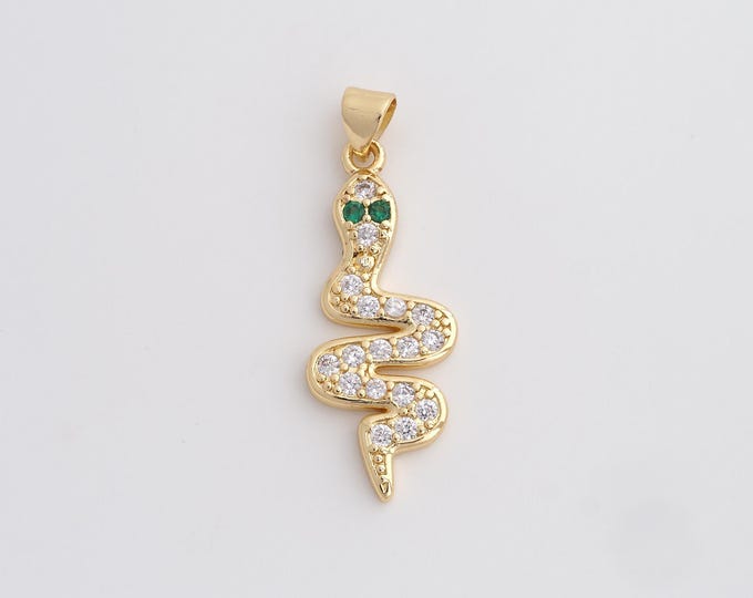 18K Gold Filled Snake Charm, Micropavé CZ Animal Pendant,Snake Necklace Charm, DIY Jewelry Supplies, 34.2x12.5x2.7mm