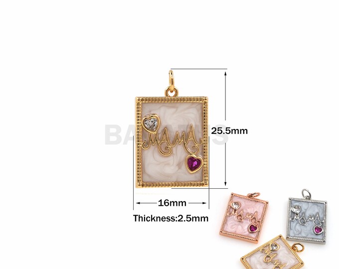 1PCS Square Mama Pendant Rectangle Enamel Necklace Love Zircon Jewelry 18K Gold Filling DIY Jewelry Making Supplies 25.5x16x2.5mm
