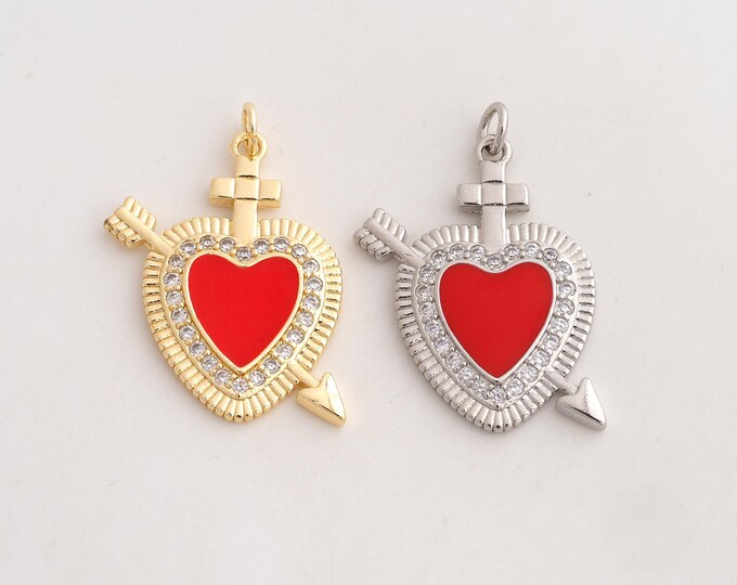18K Gold Filled Heart Arrow Charm,Dainty Enamel Heart Pendant,CZ Arrow Pendant ,DIY Jewelry Supplies,33.5x24.3x2.6mm