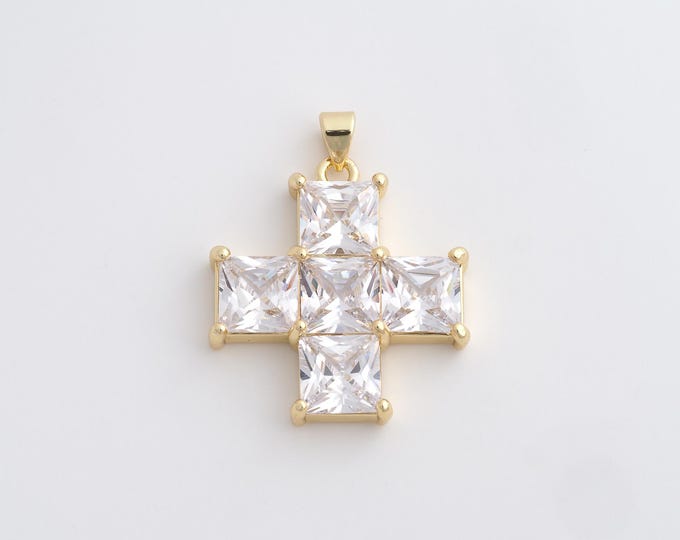Cross Charm,18K Gold Filled Cross Necklace,Religious Charm, MicroPave CZ Christian Charm, DIY Jewelry Supplies, 32.7x26.4x4.7mm
