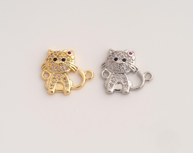 18K Gold Filled Cat Connector,CZ Animal Connector,Cat Connector for Jewelry Making 15.2x17.5x3.4mm