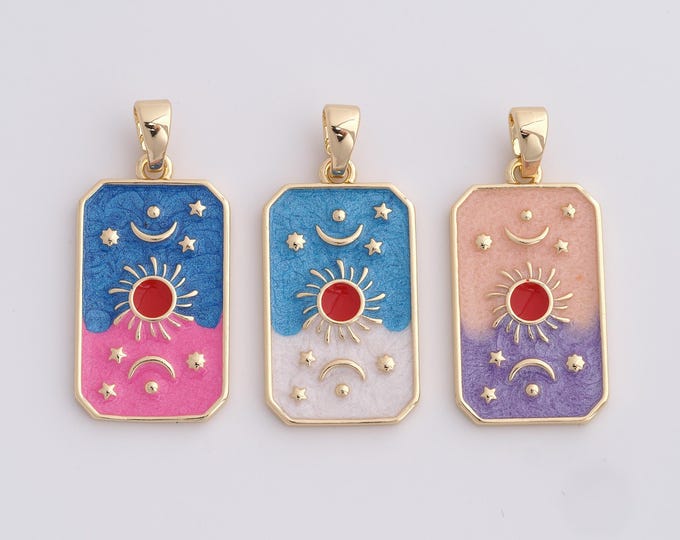 Enamel Sun Moon Charms,,18K Gold Filled Square Charm Bracelet Necklace for DIY Jewelry Making Supply,35x16x2mm