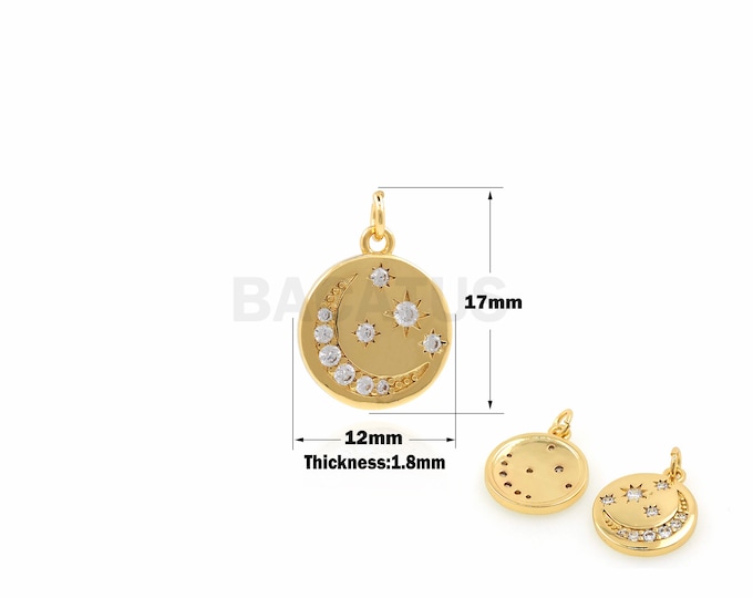 1Pcs Moon Seal Pendant, Golden Moon Coin Necklace Round Necklace Jewelry, Night Sky Pendant Cubic Zirconia Moon Charm 17x12x1.8mm