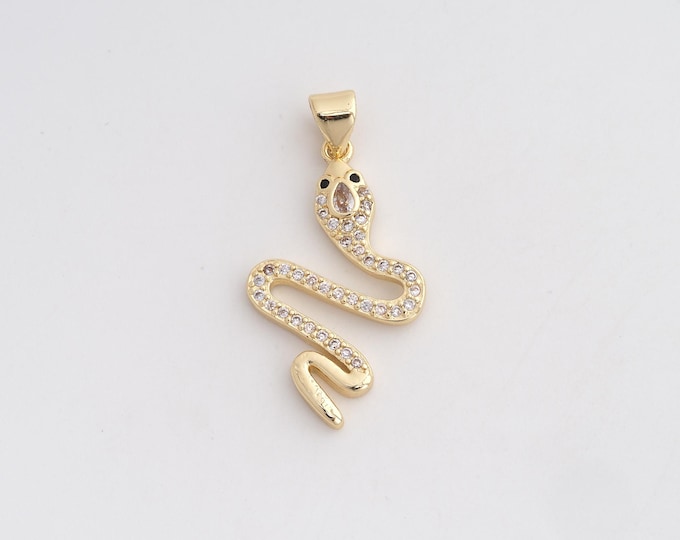 18K Gold Filled Snake Charm, Micropavé CZ Animal Pendant,Snake Necklace Charm, DIY Jewelry Supplies, 29.7x15.8x2.7mm
