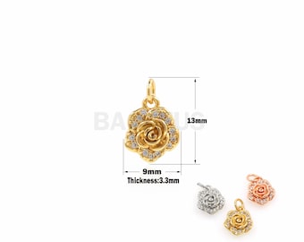 1Pcs DIY Jewelry Making Supplies Cubic Zirconia Rose Flower Pendant Jewelry Accessories Plant Necklace Jewelry CZ Charm 13x9x3.3mm