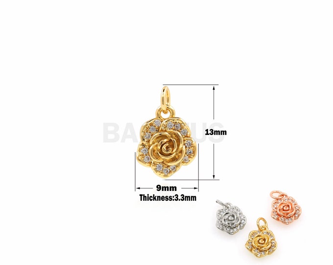 1Pcs DIY Jewelry Making Supplies Cubic Zirconia Rose Flower Pendant Jewelry Accessories Plant Necklace Jewelry CZ Charm 13x9x3.3mm