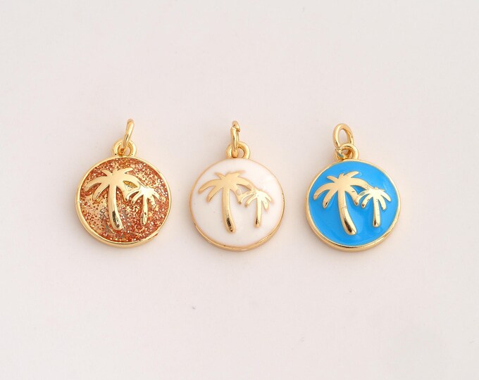 18K Gold Filled Coconut Tree Charm,Dainty Enamel Palm Tree Pendant,CZ Tree Pendant ,DIY Jewelry Supplies,18.5x13x3mm