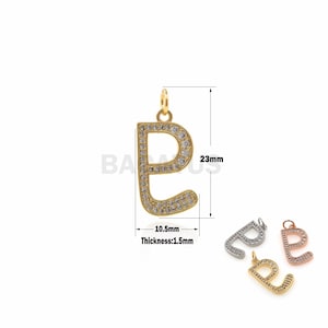 May include: Gold, silver, and rose gold letter 'P' charms with clear crystal embellishments. Each charm measures 2.3 cm tall and 1.05 cm wide. The charms are 1.5 mm thick.