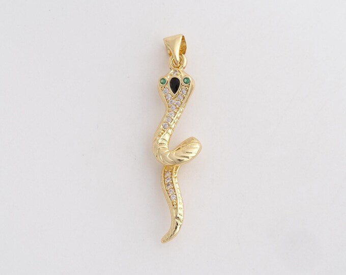 18K Gold Filled Snake Charm, Micropavé CZ Animal Pendant,Snake Necklace Charm, DIY Jewelry Supplies, 40.6x9x4.7mm