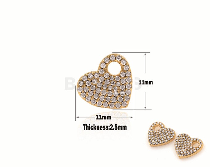 1pcs CZ Micro Pave heart Jewelry，Shiny Gold Heart Pendant，handmade heart charms ，Heart charm 11x11x2.5mm
