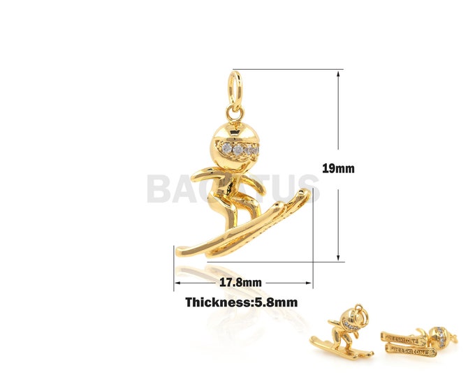 1PCS DIY Jewelry Making Nordic Skiing, Freestyle Skiing, Skier Skier Pendant Sports Charm Micro-Pave 18K Gold Filling 19x17.8x5.8mm