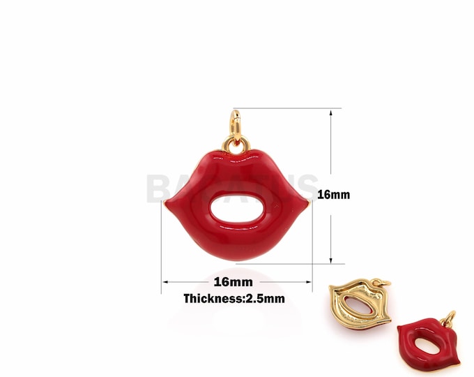 1PCS Lip-Shaped Jewelry, Flame Red Lip Necklace, Red Enamel, Suitable For Bracelet, Necklace, Jewelry Making, 18K Gold Filling 16.5x29.5x2mm