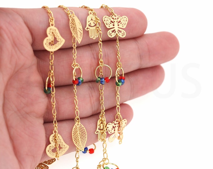 Hamsa Chain,Leaf Pendant Chain, 18K Gold Filled Gold Rollo Chain, MicroPave CZ Heart Chain,Butterfly Chain, DIY Jewelry Supplies,