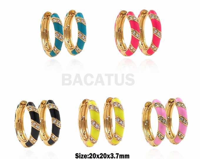 1 Pair, 18K Gold Filled Enamel Round Earrings, Micro-Paved CZ Simple Earrings, Multi-Color Optional, 20x20x3.7mm
