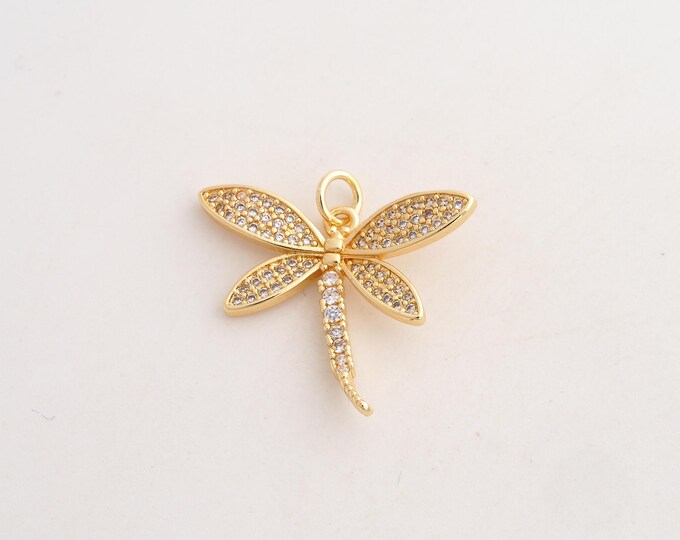 18K Gold Filled Dragonfly Charm,Dainty Insect Pendant,CZ Dragonfly Pendant ,DIY Jewelry Supplies,23.6x24.6x4.3mm