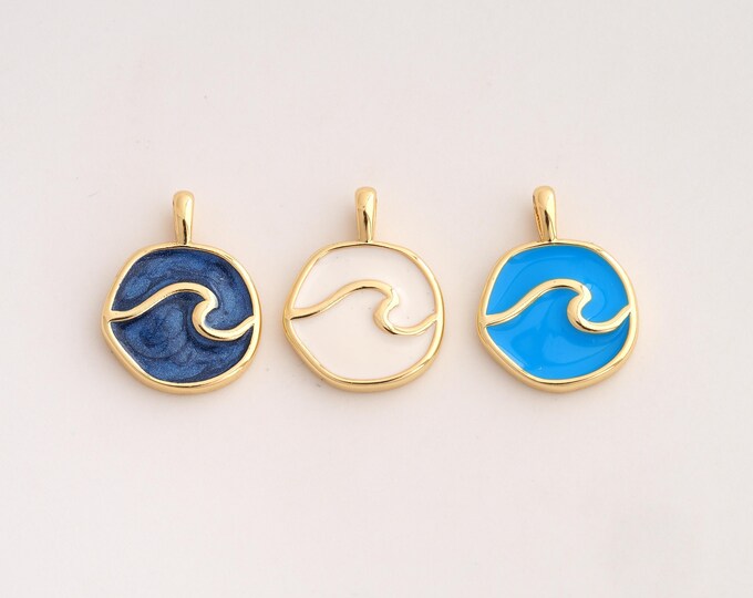 18K Gold Filled Wave Charm,Dainty Enamel Medal Pendant,Round Pendant ,DIY Jewelry Supplies,18.4x13.8x2.5mm