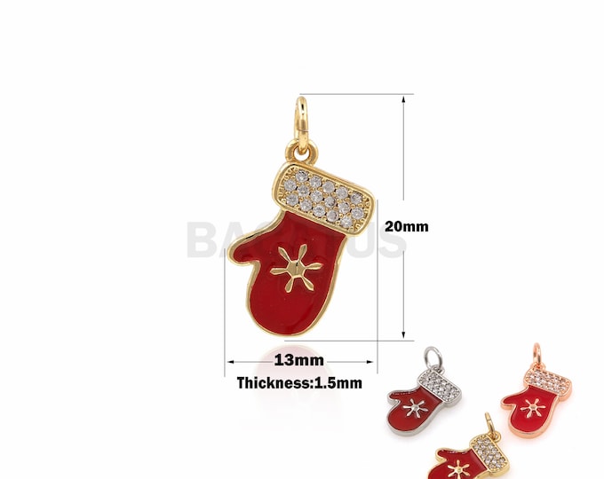 1PCS Christmas Glove Pendant Enamel Gloves Suitable for Jewelry Supplies Christmas Gifts Glove Charm Micropavé 18K Gold Filling 20x13x1.5mm