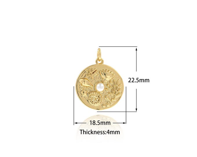 Shell Pendant, Micropavé CZ Shell Necklace, Round Charm, 18K Gold Filled Beach Charm, Seashell Charm, DIY Jewelry Supplies,