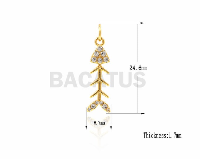 CZ fish bone pendant, fish charm, fish bone necklace, fish bone earrings,  DIY jewelry making supplies 24.6x6.7x1.7mm 1PCS