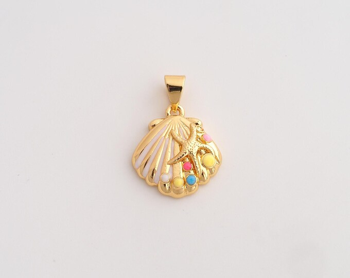 18K Gold Filled Shell Charm,Dainty Enamel Oyster Pendant,Starfish Pendant ,DIY Jewelry Supplies,20.4x14.7x3.8mm
