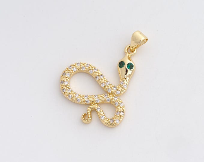 18K Gold Filled Snake Charm, Micropavé CZ Animal Pendant,Snake Necklace Charm, DIY Jewelry Supplies, 32.3x23.4x3.5mm