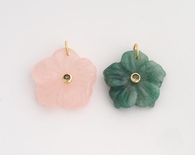 18K Gold Filled Natural Stone Charm,Dainty Energy Stone Pendant,Flower Stone Pendant ,DIY Jewelry Supplies,28.6x25.6x7mm
