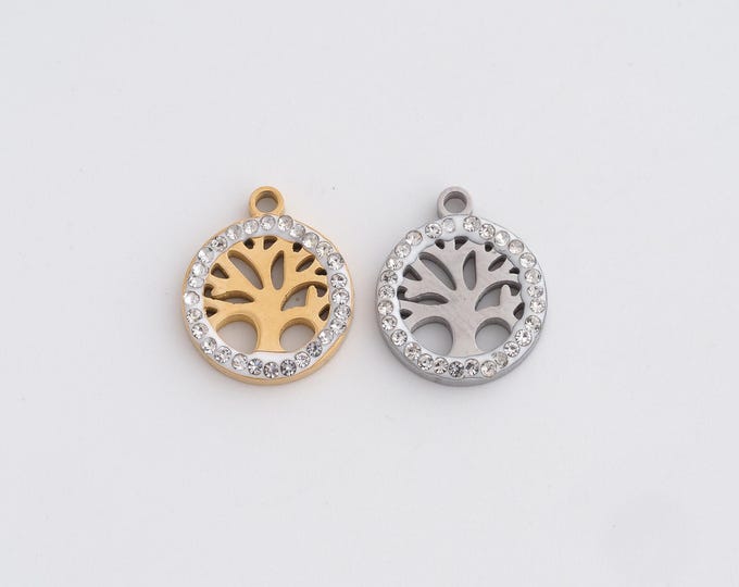 Stainless Steel Tree of Life Pendant,Round Charms,Tree Charm Bracelet Necklace for DIY Jewelry Making Supply,13.7x11.6x2mm