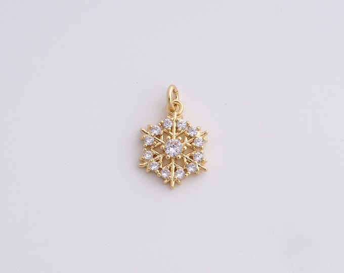 18K Gold Filled Snowflake Pendant, Micropavé CZ Snowflake Crystal Necklace, Snow Charm, Snowflake Necklace, Snow Charm, 16.2x10.3x2.4mm
