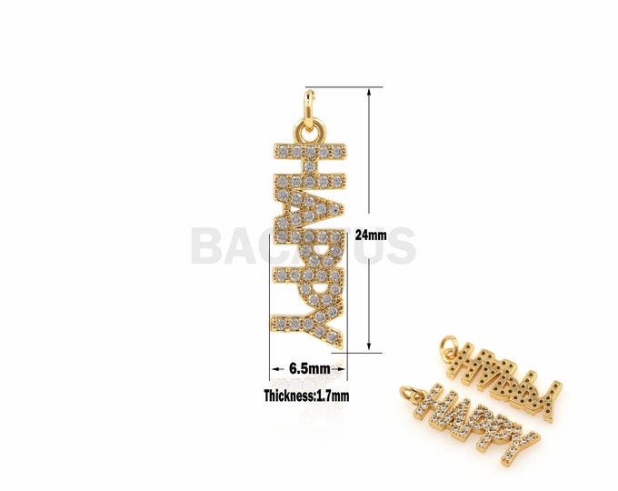 1PCS HAPPY Letter Pendant Fashion Micro-Pave Pendant, CZ Happy Letter Pendant, Suitable for Jewelry Making 18K Gold Filling  24x6.5x1.7mm