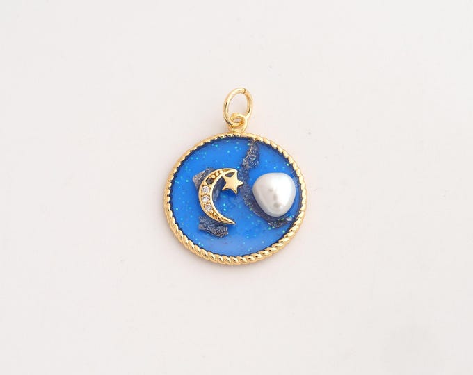 18K Gold Filled Moon Star Charm,Dainty Enamel Celestial Pendant,CZ Round Pendant ,DIY Jewelry Supplies,23.7x18x4.4mm