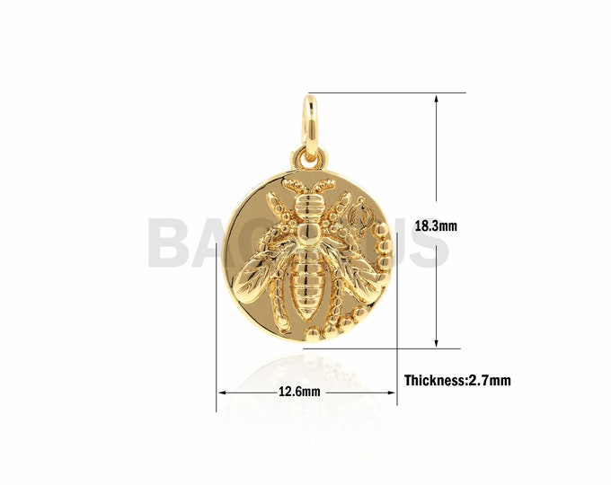 1PCS Embossed Insect Pendant On Coin, Insect Ornament, Bee Pendant, Round Bee Necklace, Insect Charm, Bee Charm 18.3x12.6x2.7mm