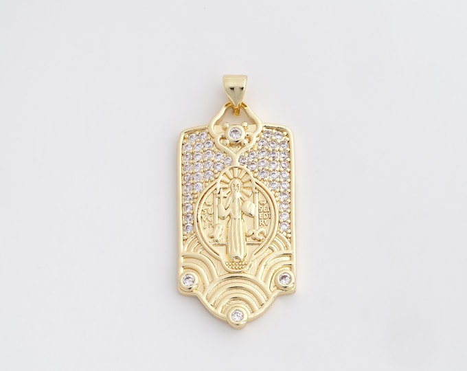 Gold Jesus Pendant,Square Charm, CZ Pendant,18K Gold Filled Religious Charm,Bracelet and Necklace Making Supplies 39.6x18x2.3mm