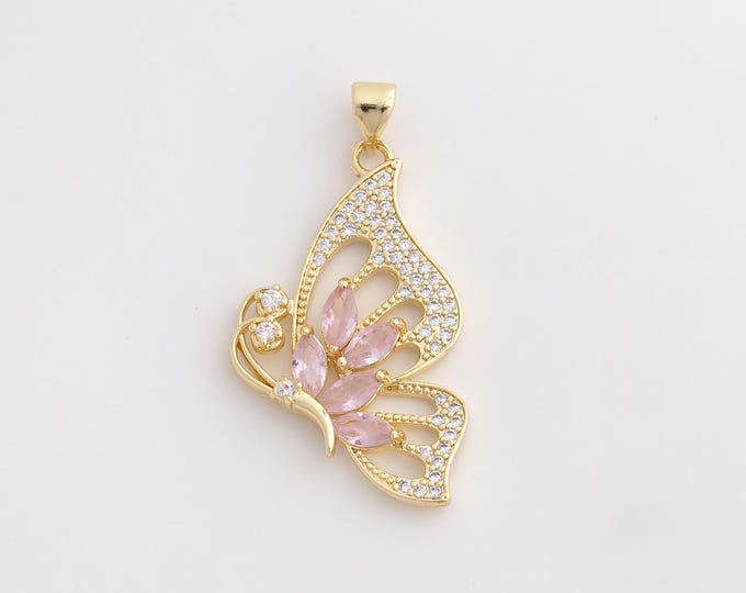 18K Gold Filled Butterfly Charm, Micropavé CZ Insect Pendant,Butterfly Necklace Charm, DIY Jewelry Supplies, 38.5x20.3x3.8mm