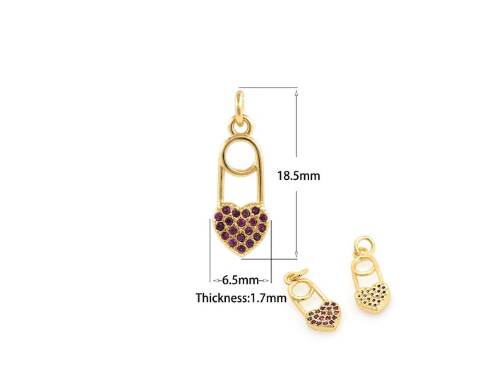 1PCS Micro-Paved Zircon Heart-Shaped Safety Pin Charm Craft Supplies DIY Jewelry Making Supplies Accessories CZ Charm 6.5x18.5x1.7mm