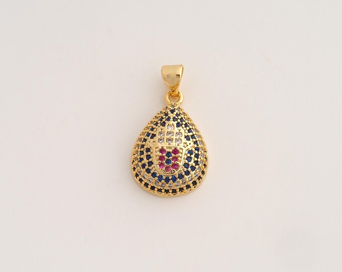 18K Gold Filled Water Drop Charm,Dainty Tear Drop Pendant,CZ Hamsa Pendant ,DIY Jewelry Supplies,25x13.8x5mm
