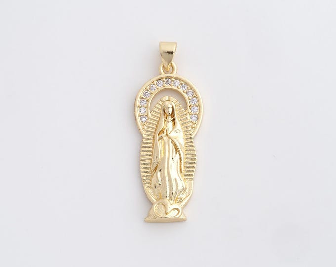 18K Gold Filled Virgin Charm, Religious Necklace, Micropavé CZ Our Lady Necklace, Maria Pendant, DIY Jewelry Supplies, 38x14x3mm