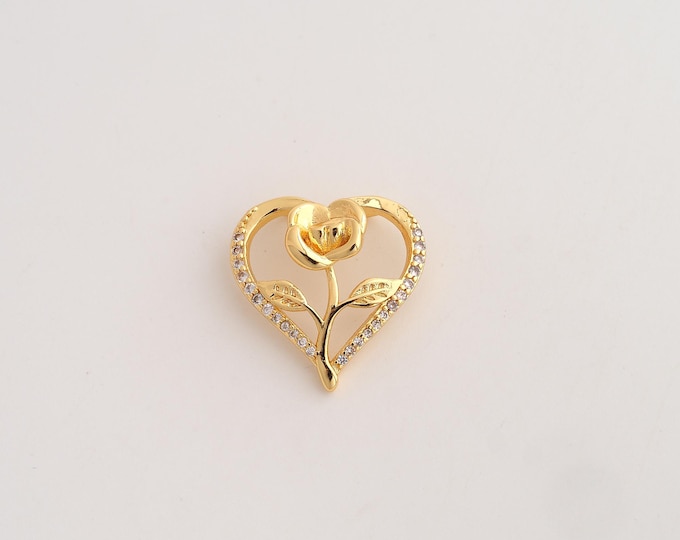 18K Gold Filled Heart Charm,Dainty Rose Flower Pendant,CZ Flower Pendant ,DIY Jewelry Supplies,19.7x19.3x5mm