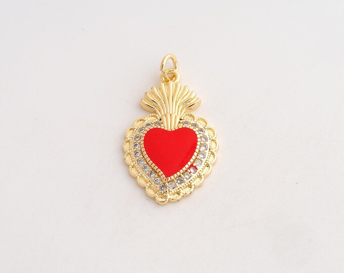 18K Gold Filled Heart Charm,Dainty Enamel Love Pendant,CZ Heart Pendant ,DIY Jewelry Supplies,29.5x17.4x3.4mm