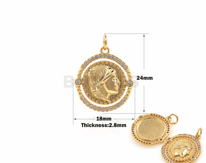 1PCS Round Portrait Pendant 18K Gold-filled Portrait Coin Medal Pendant, Medal Necklace, Gold Coin Charm, Gold-plated Jewelry 24x18x2.8mm
