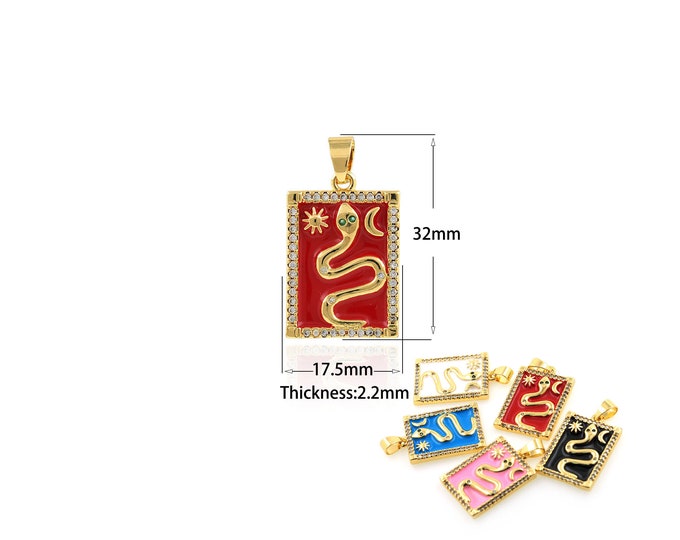 1PCS Enamel Square Snake Pendant Star Moon Jewelry Celestial Necklace Reptile Snake Pendant 18K DIY Jewelry Making Supplies 17.5x32x2.2mm