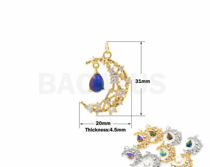 Moon Pendant, Micropavé CZ Drop Necklace, 18K Gold Filled Crescent Charm, Gift For Her, DIY Jewelry Supplies, 31x20x4.5mm
