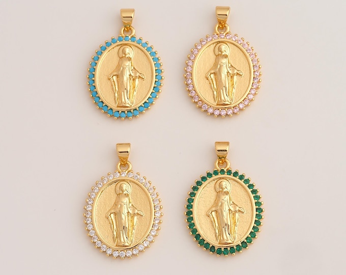 18K Gold Filled Virgin Mary Charm,Dainty Religious Pendant,CZ Catholic Pendant ,DIY Jewelry Supplies,29.6x19.8x3mm