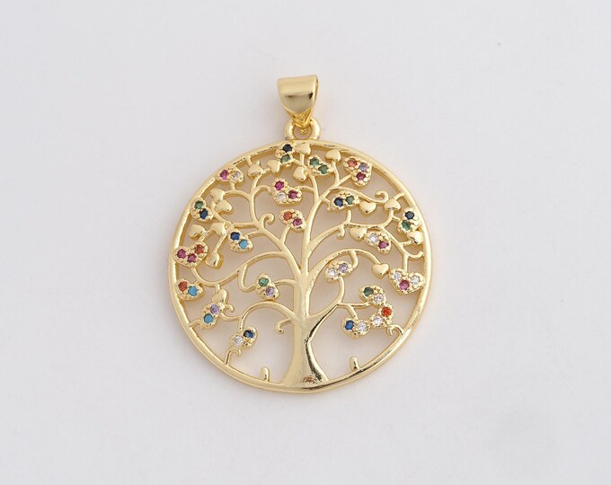 18K Gold Filled Tree of Life Pendant,Round Charms,Tree Charm Bracelet Necklace for DIY Jewelry Making Supply,32.8x26.5x2.3mm