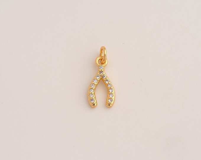 5 pcs 18K Gold Filled Wishbone Charm,Dainty Wishbone Pendant,CZ Wishbone Pendant ,DIY Jewelry Supplies,18.5x8x2.4mm