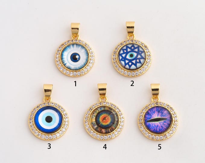 18K Gold Filled Evil Eye Charm,Dainty Enamel Devil Eye Pendant,CZ Round Eye Pendant ,DIY Jewelry Supplies,25.2x17.6x5.8mm