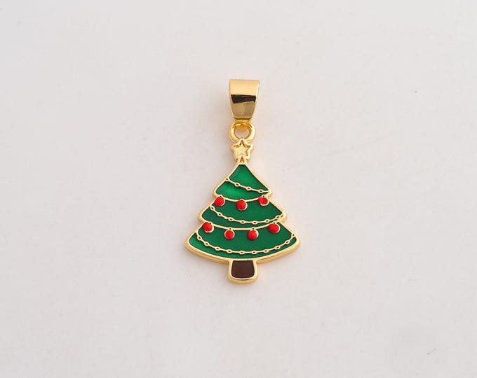 18K Gold Filled Christmas Tree Charm,Dainty Christmas Pendant,Enamel Tree Pendant ,DIY Jewelry Supplies,28.8x15.2x1.7mm