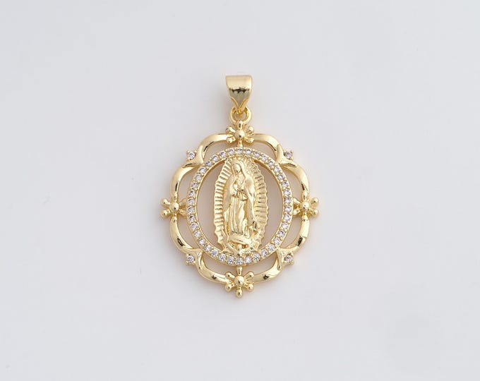 18K Gold Filled Virgin Charm, Religious Necklace, Micropavé CZ Our Lady Necklace, Maria Pendant, DIY Jewelry Supplies, 34x23.3x3.3mm