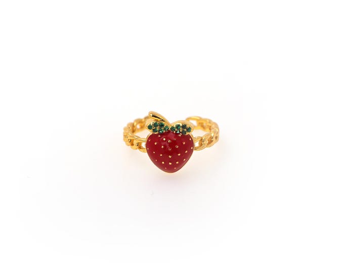Strawberry Ring,Stackable Ring,Enamel Ring,Adjustable Ring,Open Ring,18K Gold Filled Fruit Rings